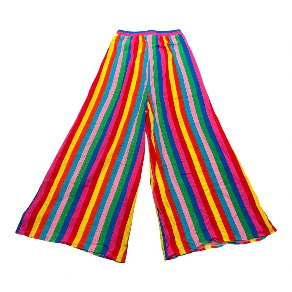 NEW Show Me Your Mumu Rainbow Stripe‎ Wide Leg Rayon Pants Elastic Waist XS NWT